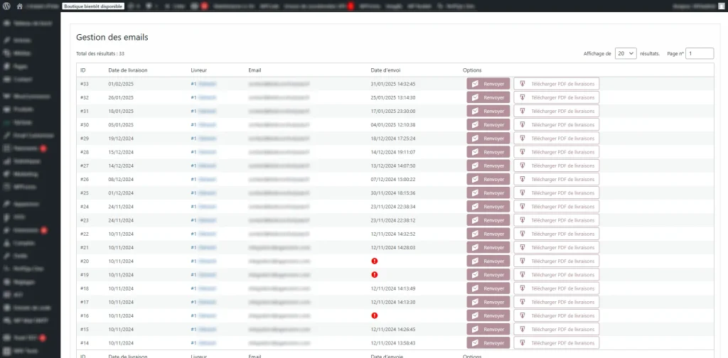 interface de listing du plugin d'optimisation des livraisons woocommerce