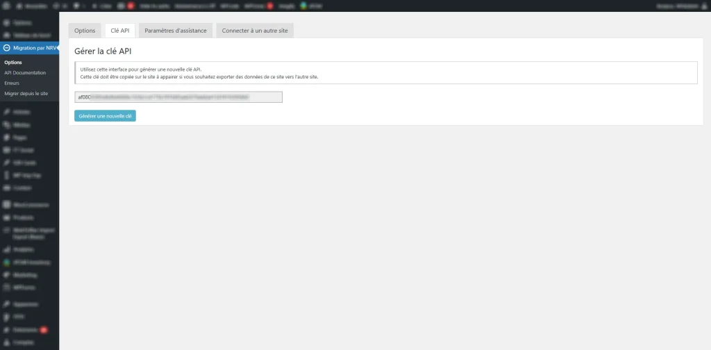 plugin wordpress de migration, génération de clé d'api