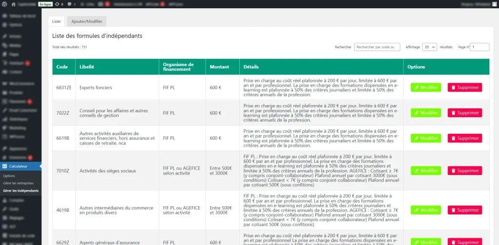 Interface liste des tarif du calculateur de tarifs
