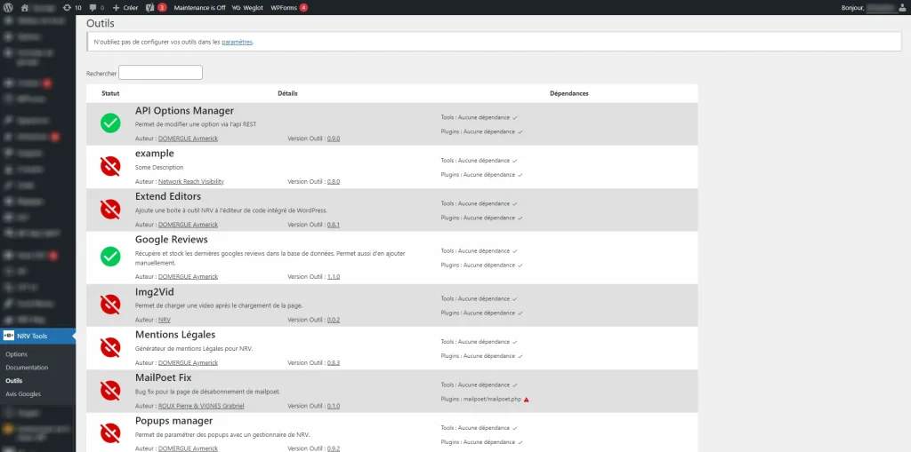Développer un plugin wordpress, agence nrv, liste des sous modules