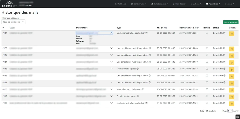Liste et gestion des emails pour erp sur mesure