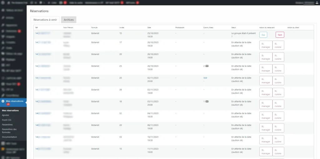 liste des reservations dans l'administration du module de réservations wordpress