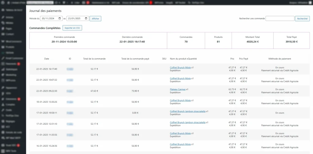 développement extension woocommerce journal de caisse, liste des paiements