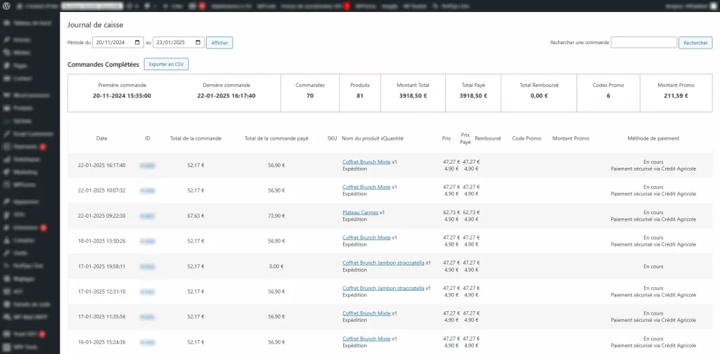 développement plugin woocommerce journal de caisse, liste des commandes