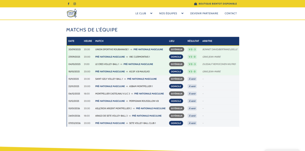 Développement sur mesure création de site internet resultats des matchs