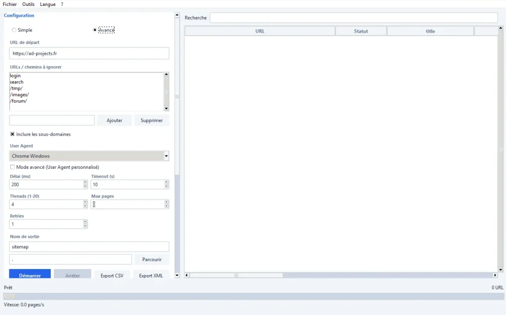 interface configuration avancée export d'aborescence de site