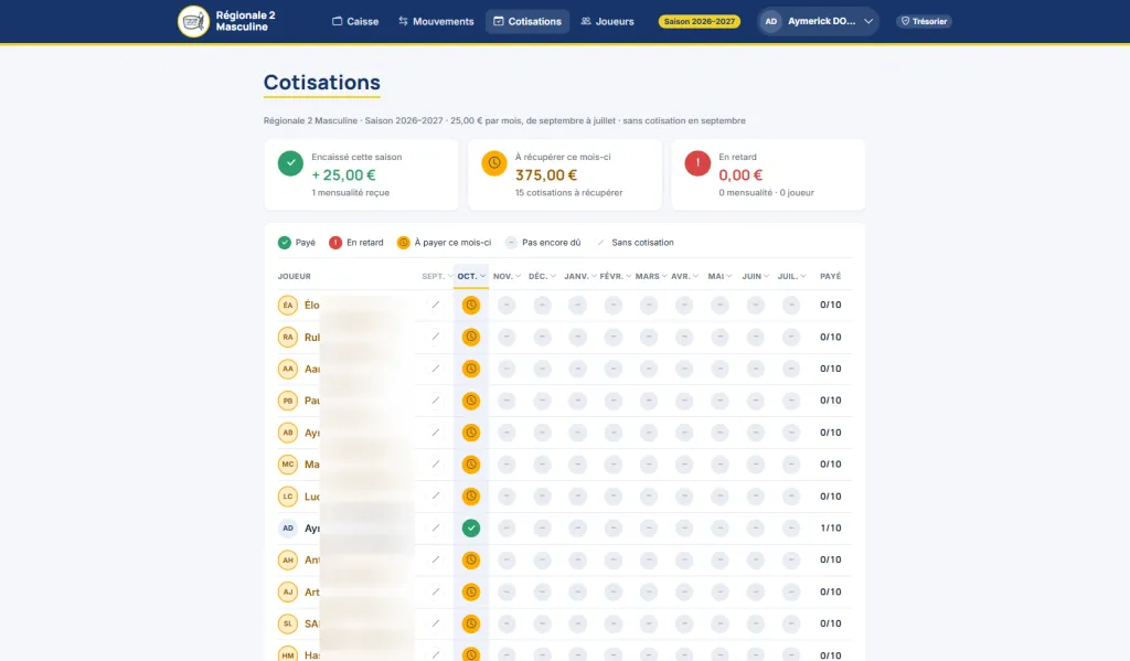 Cotisations joueurs APP Symfony volleyball